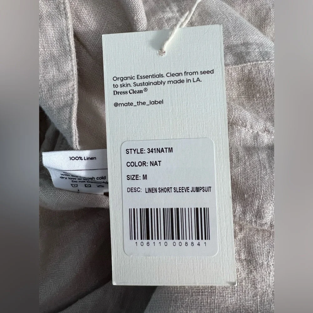 NWT Mate The Label 100% Organic Linen Natural Short Sleeve Button Up Jumpsuit - Picture 9 of 10